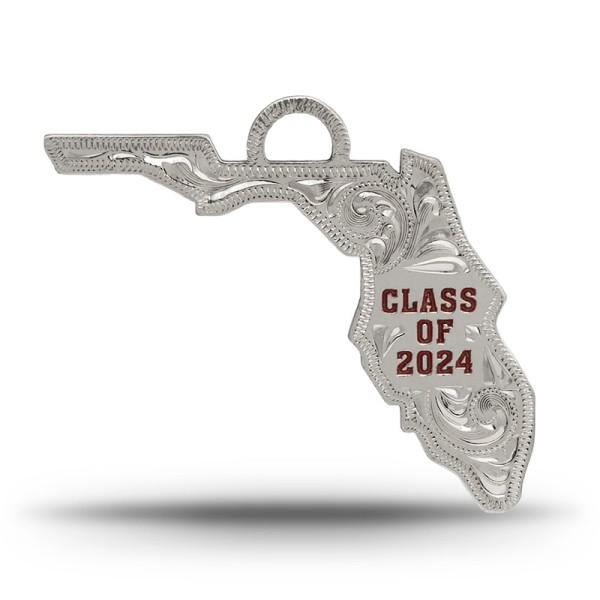 Celebrate your Florida pride with the Florida Tassel Charm! Crafted on a hand-engraved German Silver base and featuring customizable lettering, this charm is perfect for your graduation cap. Add your class, year, and school colors  to personalize it!